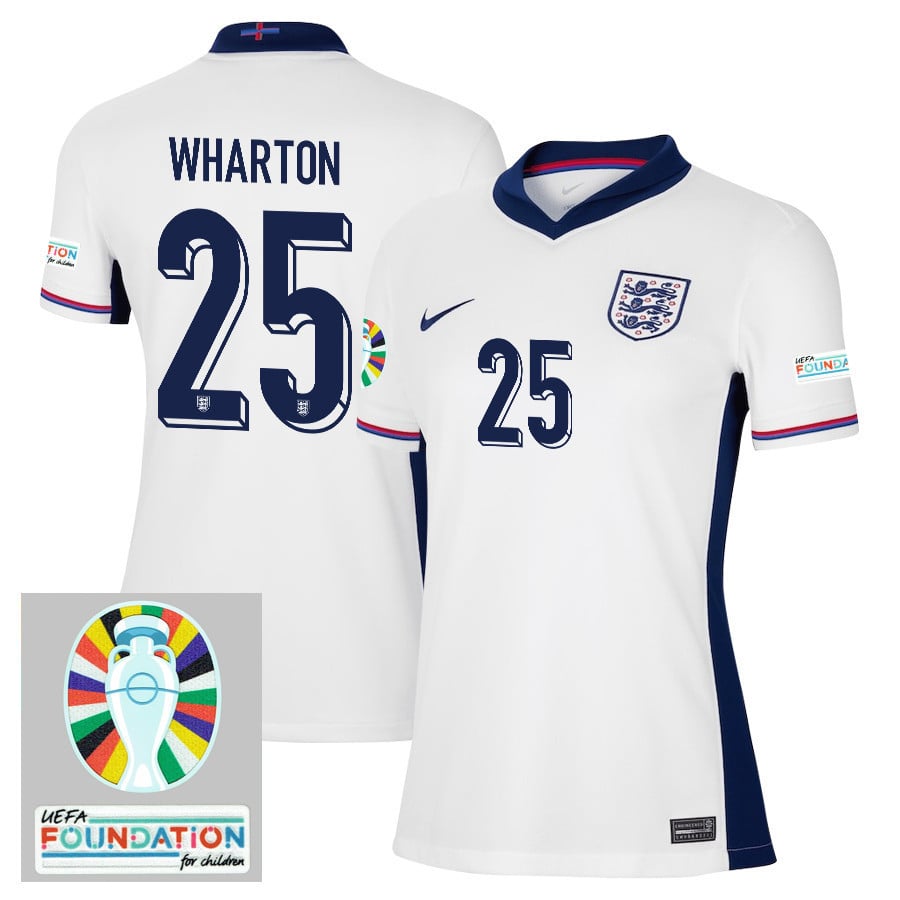 Adam Wharton 25 England National Team 2024/25 Women's Home Jersey - Euro UEFA Patch - White