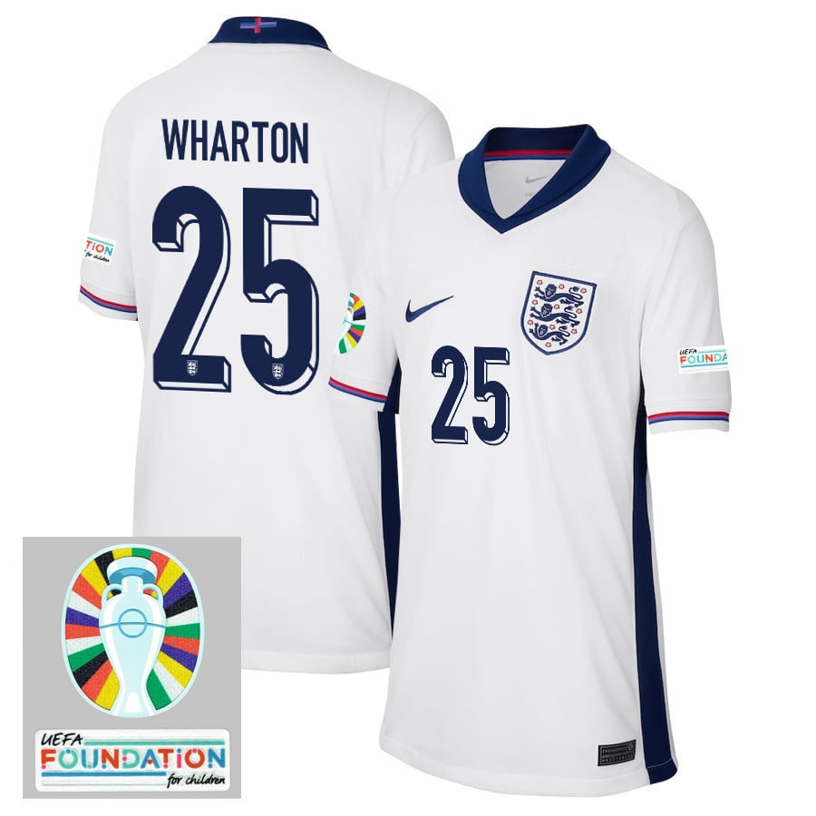 Adam Wharton 25 England National Team 2024/25 YOUTH Home Jersey - Euro UEFA Patch - White