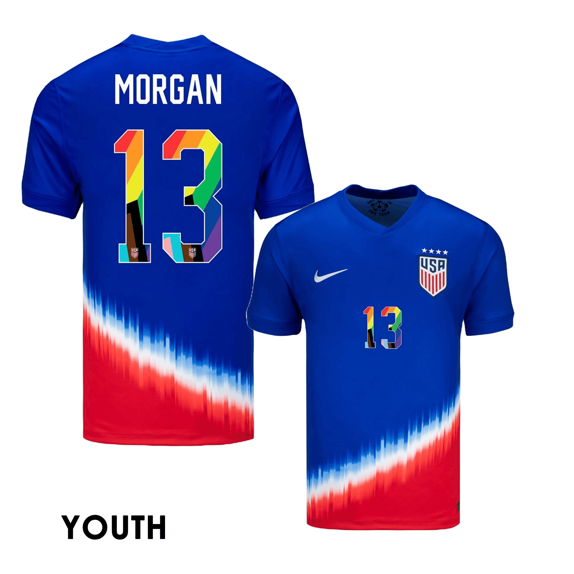 Alex Morgan 13 USWNT 2024 Pride-Themed YOUTH Away Jersey - Blue