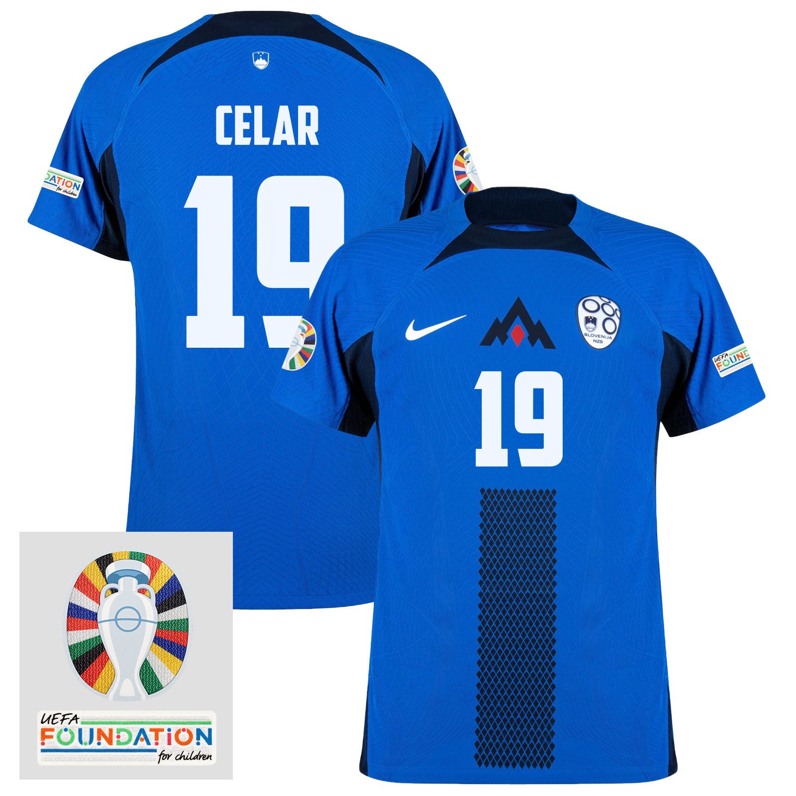 Žan Celar 19 Slovenia National Team 2024 Euro & Foundation Patch Away Men Jersey - Blue