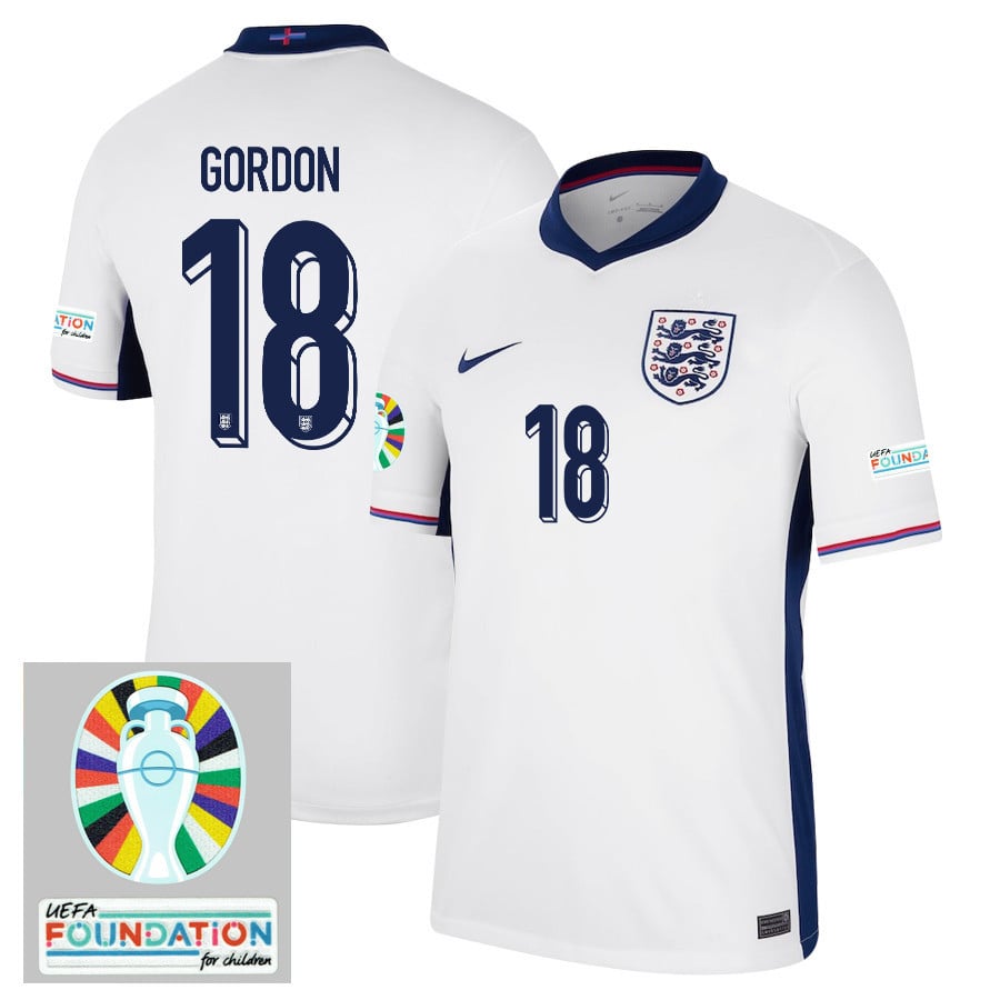Anthony Gordon 18 England National Team 2024/25 Home Jersey - Euro UEFA Patch - Men, White