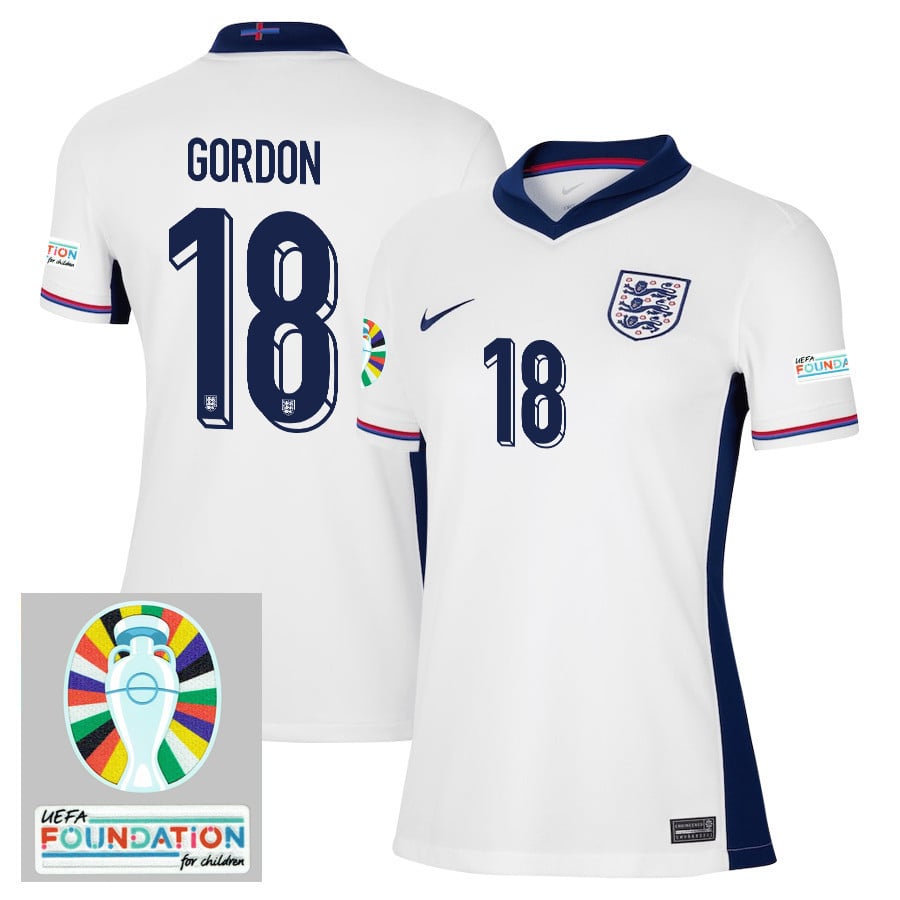 Anthony Gordon 18 England National Team 2024/25 Women's Home Jersey - Euro UEFA Patch - White