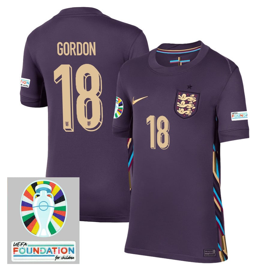Anthony Gordon 18 England National Team 2024/25 YOUTH Away Stadium Jersey - Euro UEFA Patch