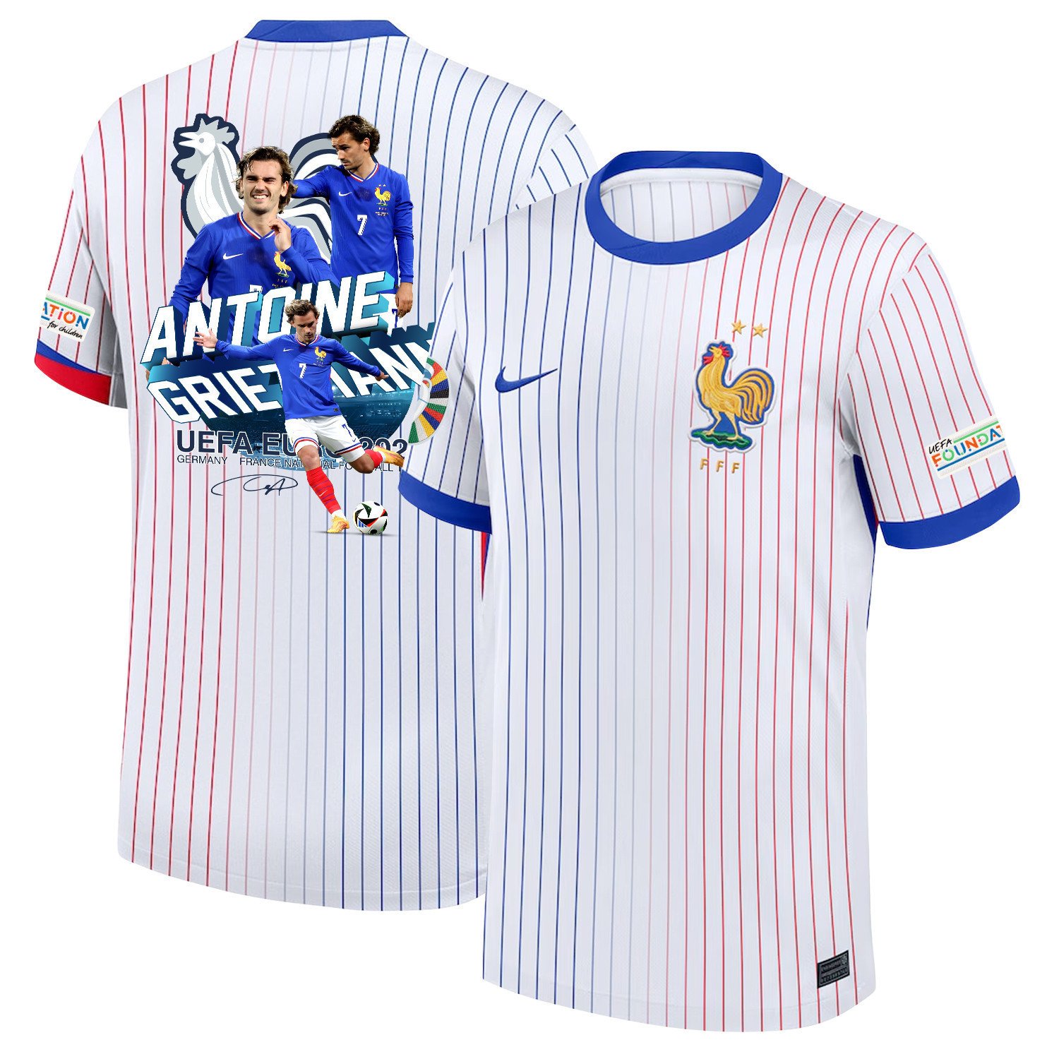 Antoine Griezmann 7 Star Player Of France National Team 2024/25 Away Jersey - Euro UEFA Patch - Men, White