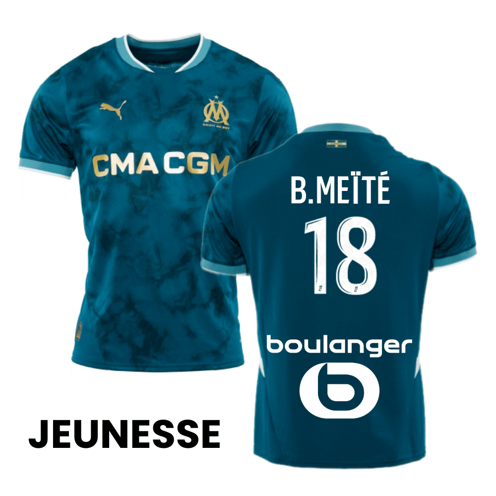 Bamo Meïté 18 Olympique de Marseille 2024/25 Away YOUTH Jersey - Turquoise Blue