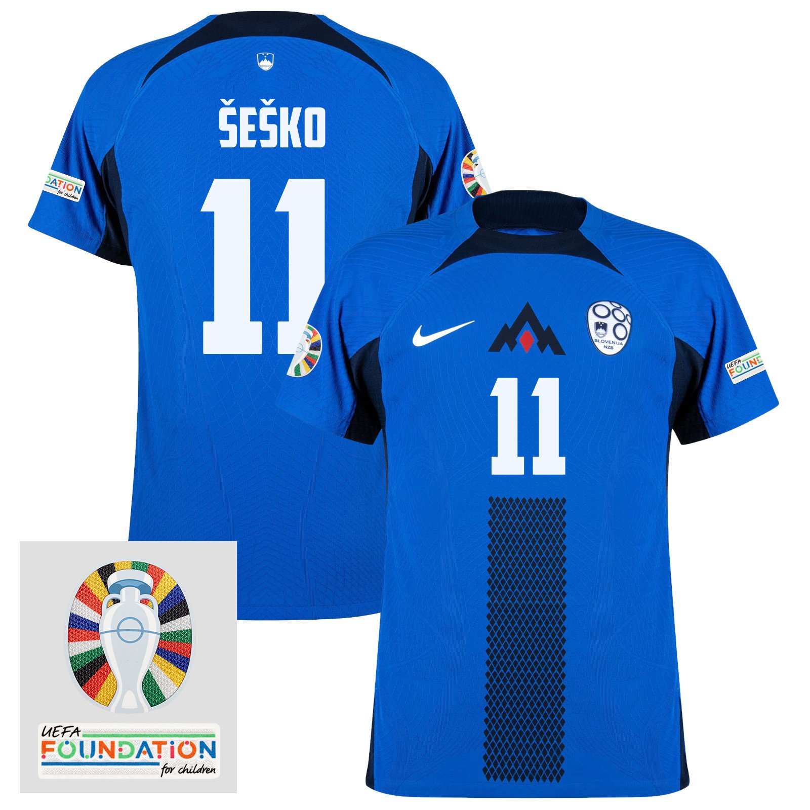 Benjamin Šeško 11 Slovenia National Team 2024 Euro & Foundation Patch Away Men Jersey - Blue