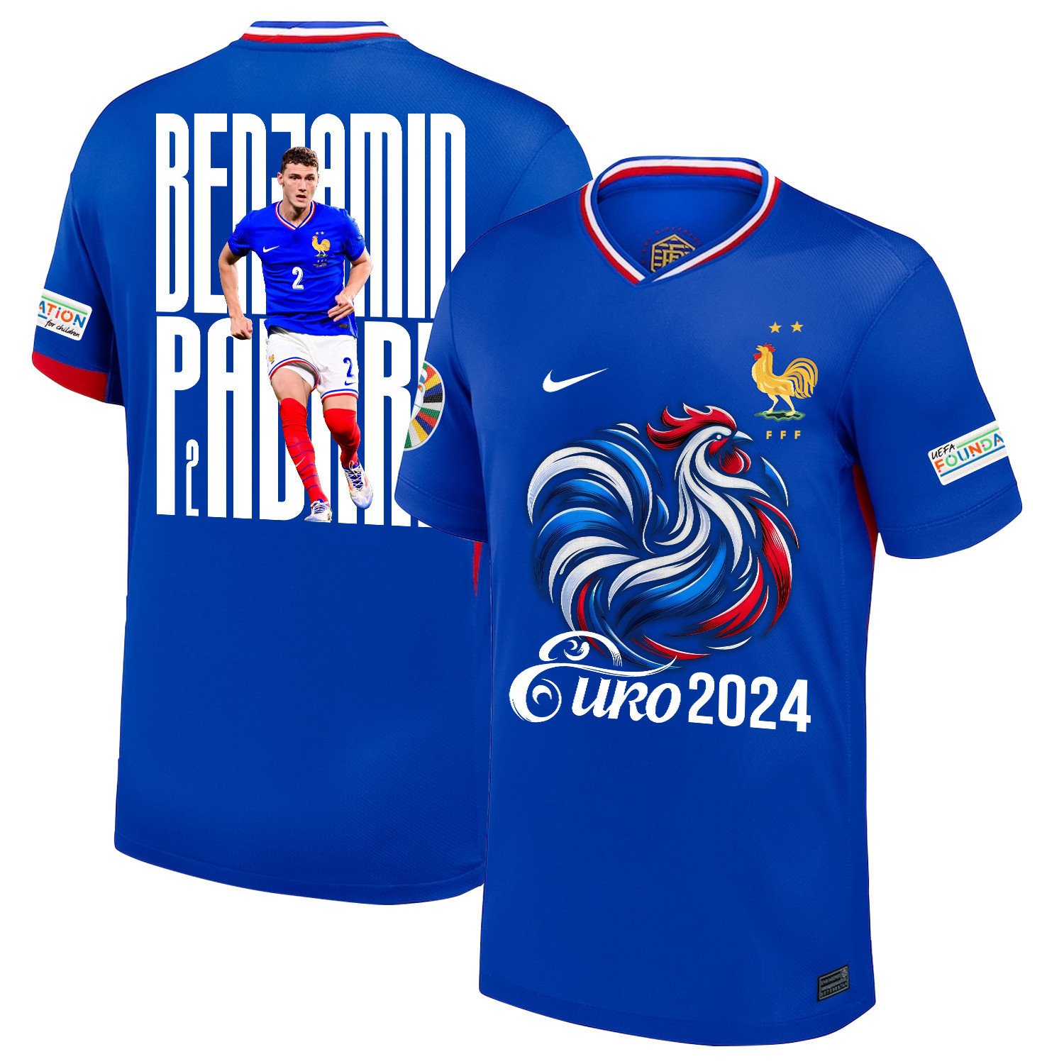 Benjamin Pavard 2 Star Player Of France National Team 2024/25 Home Jersey - Euro UEFA Patch - Men, Blue