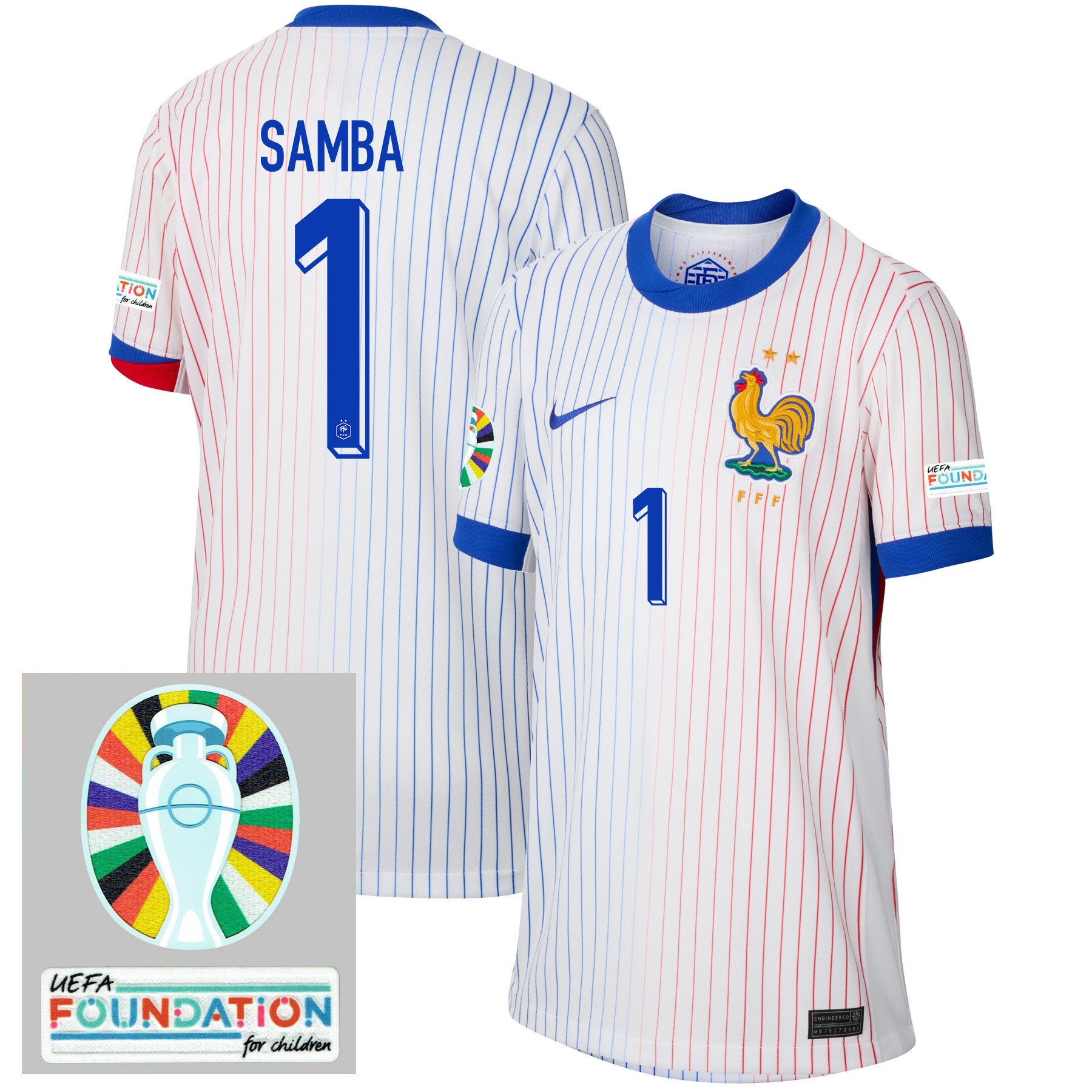 Brice Samba 1 France National Team 2024/25 YOUTH Away Jersey - Euro UEFA Patch - White