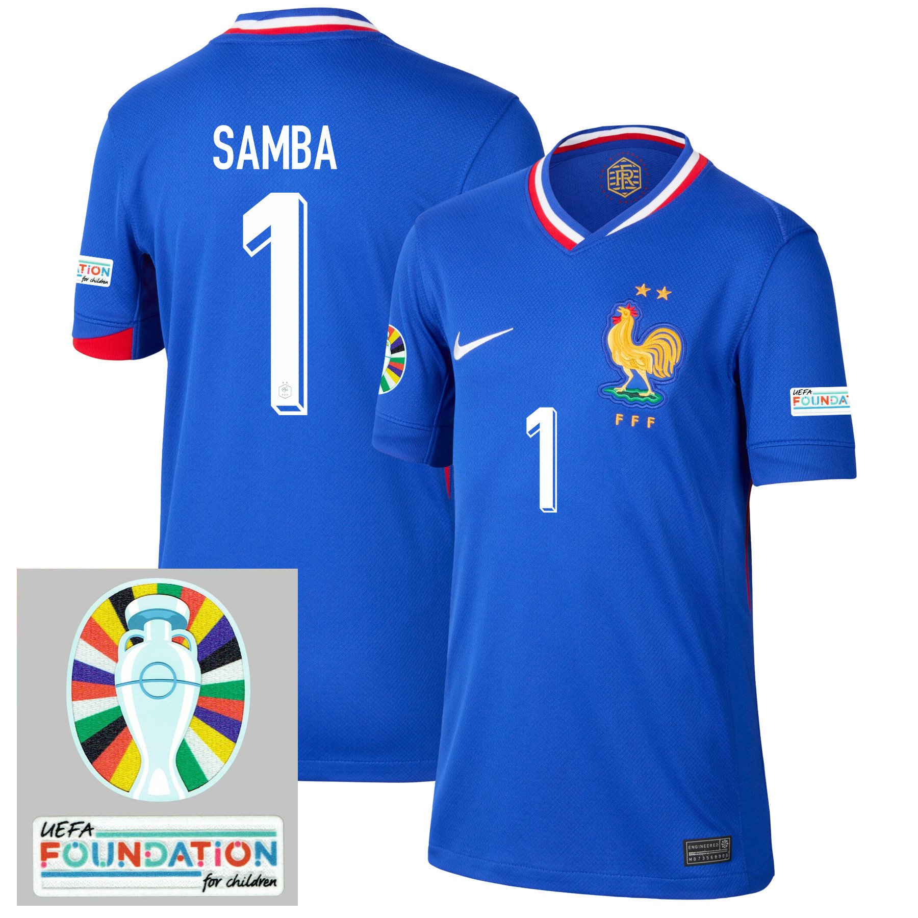 Brice Samba 1 France National Team 2024/25 YOUTH Home Jersey - Euro UEFA Patch - Blue