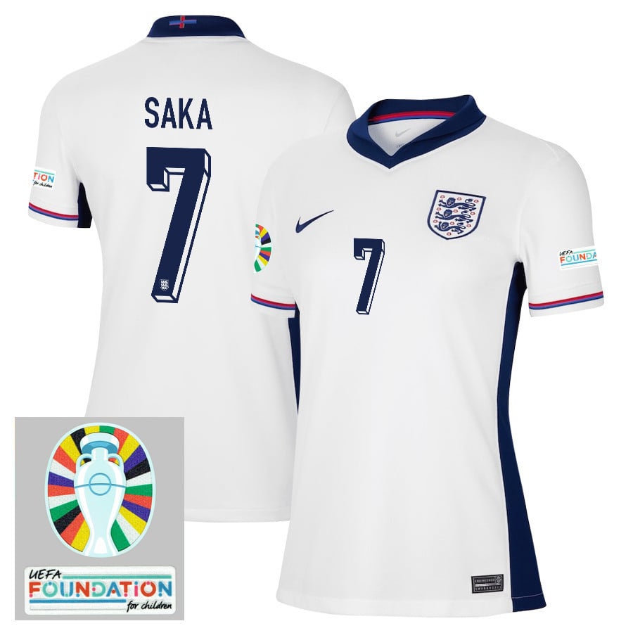 Bukayo Saka 7 England National Team 2024/25 Women's Home Jersey - Euro UEFA Patch - White