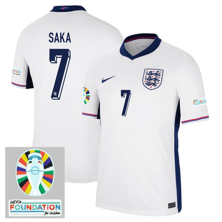 Bukayo Saka 7 Signed England National Team 2024/25 Away Stadium Jersey - Euro UEFA Patch - Men, White