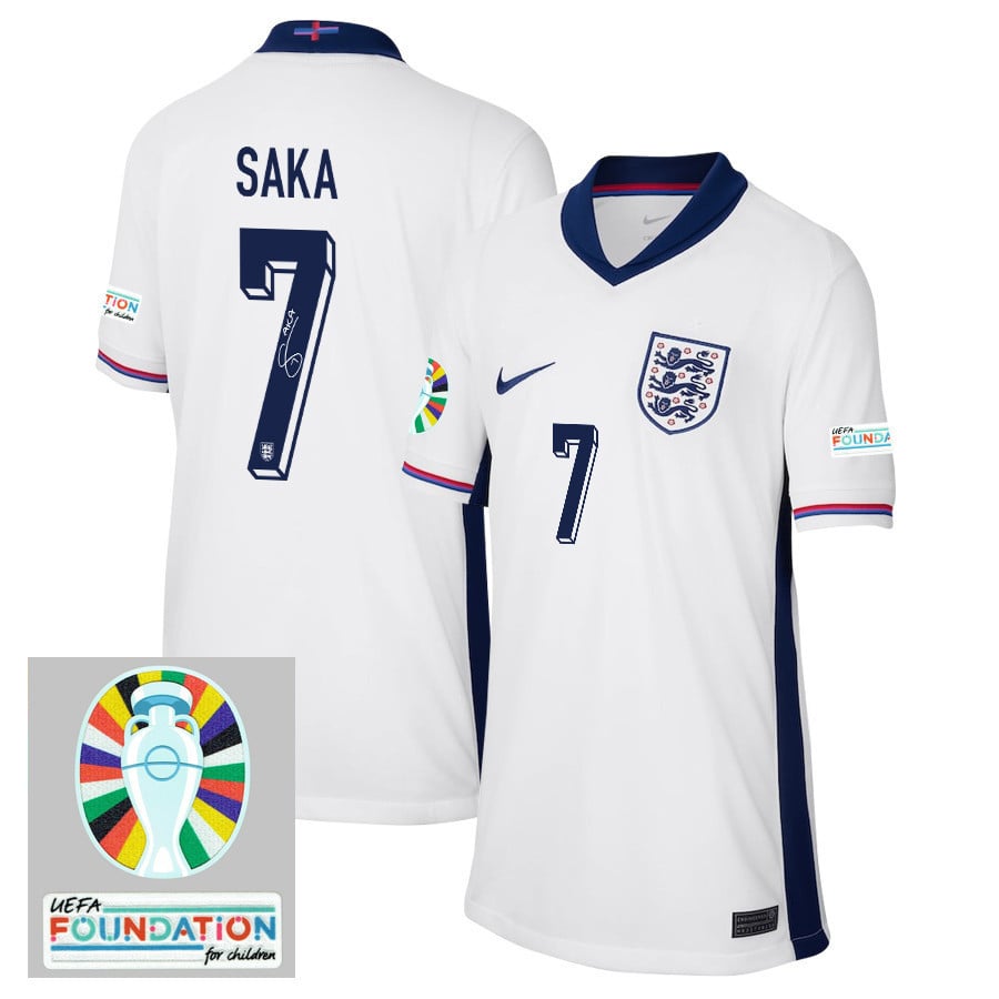 Bukayo Saka 7 Signed England National Team 2024/25 YOUTH Home Jersey - Euro UEFA Patch, White