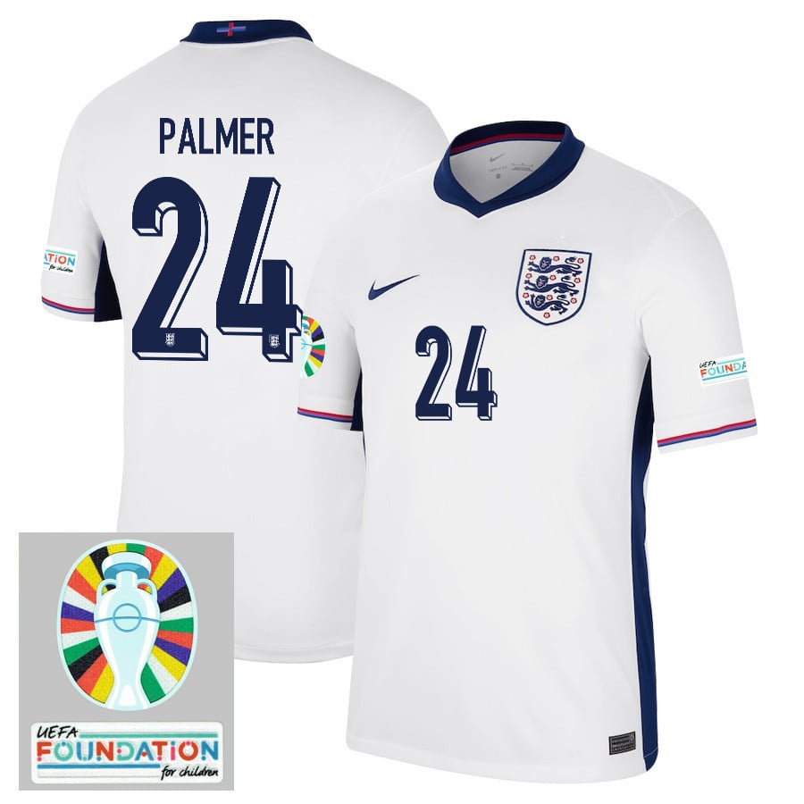 Cole Palmer 24 England National Team 2024/25 Home Jersey - Euro UEFA Patch - Men, White