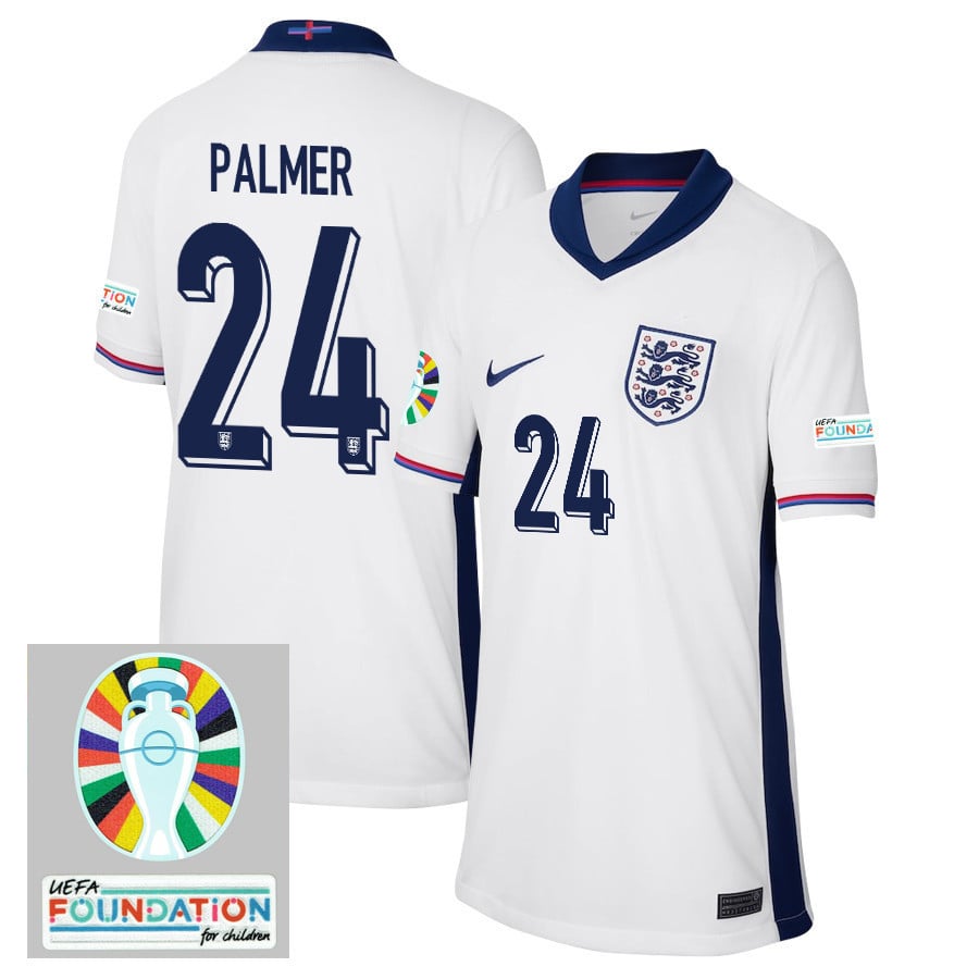 Cole Palmer 24 England National Team 2024/25 YOUTH Home Jersey - Euro UEFA Patch - White