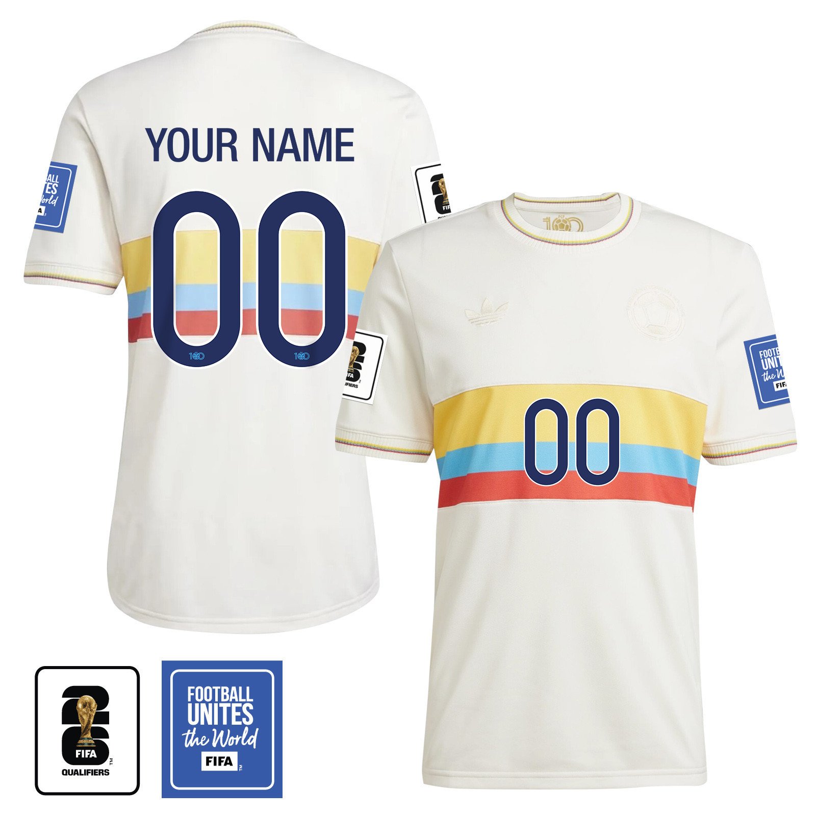 Colombia 2024 100th Anniversary Customized Jersey & 2026 FIFA World Cup Qualifiers Patch - Men, Chalk White