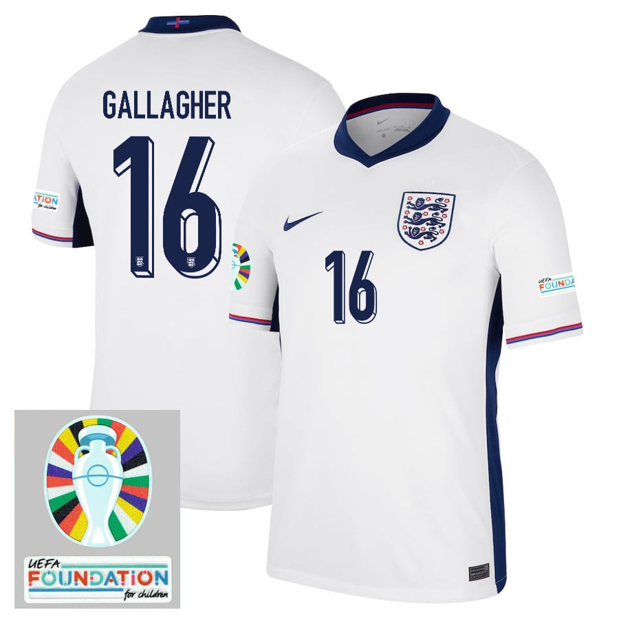 Conor Gallagher 16 England National Team 2024/25 Home Jersey - Euro UEFA Patch - Men, White