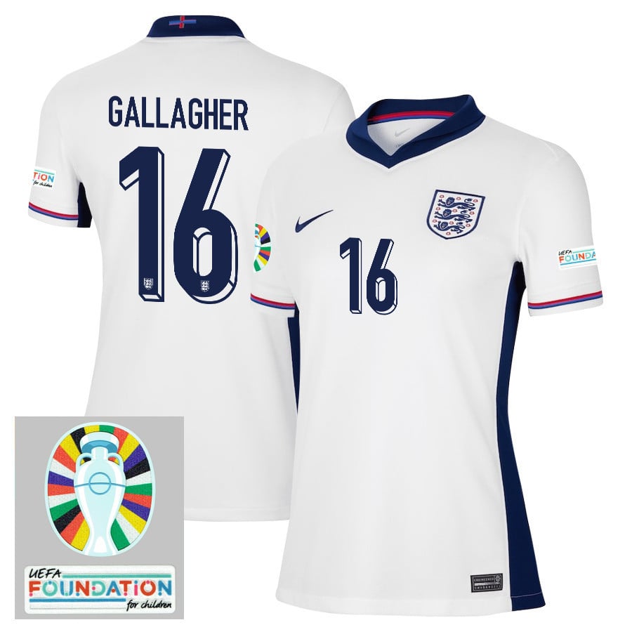 Conor Gallagher 16 England National Team 2024/25 Women's Home Jersey - Euro UEFA Patch - White