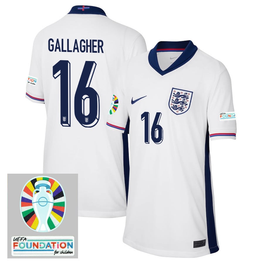 Conor Gallagher 16 England National Team 2024/25 YOUTH Home Jersey - Euro UEFA Patch - White