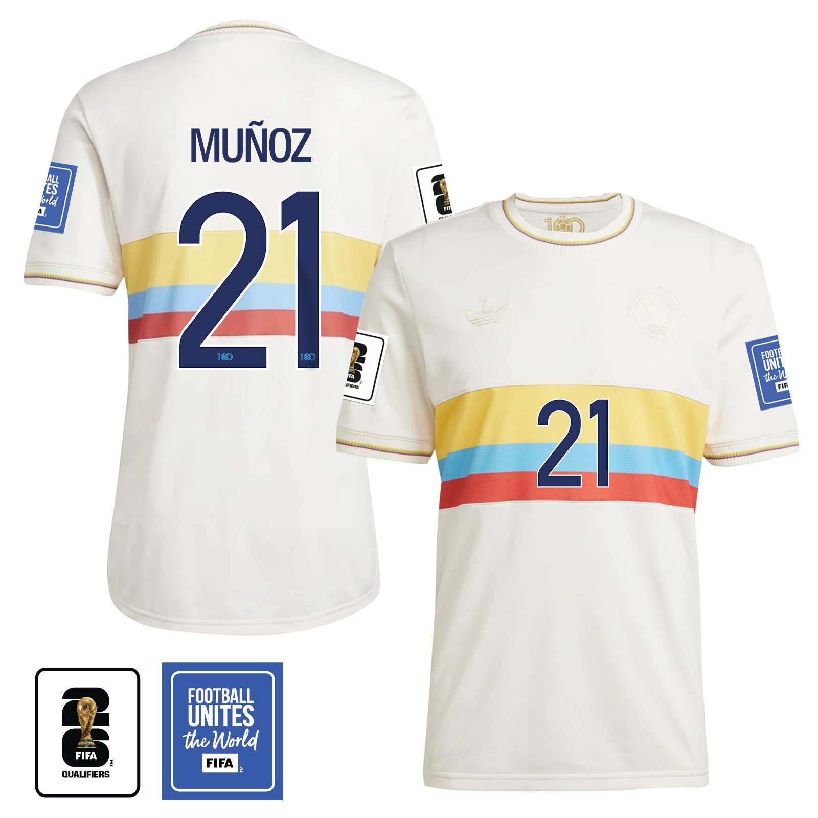 Daniel Muñoz 21 Colombia 2024 100th Anniversary Jersey & 2026 FIFA World Cup Qualifiers Patch - Men, Chalk White