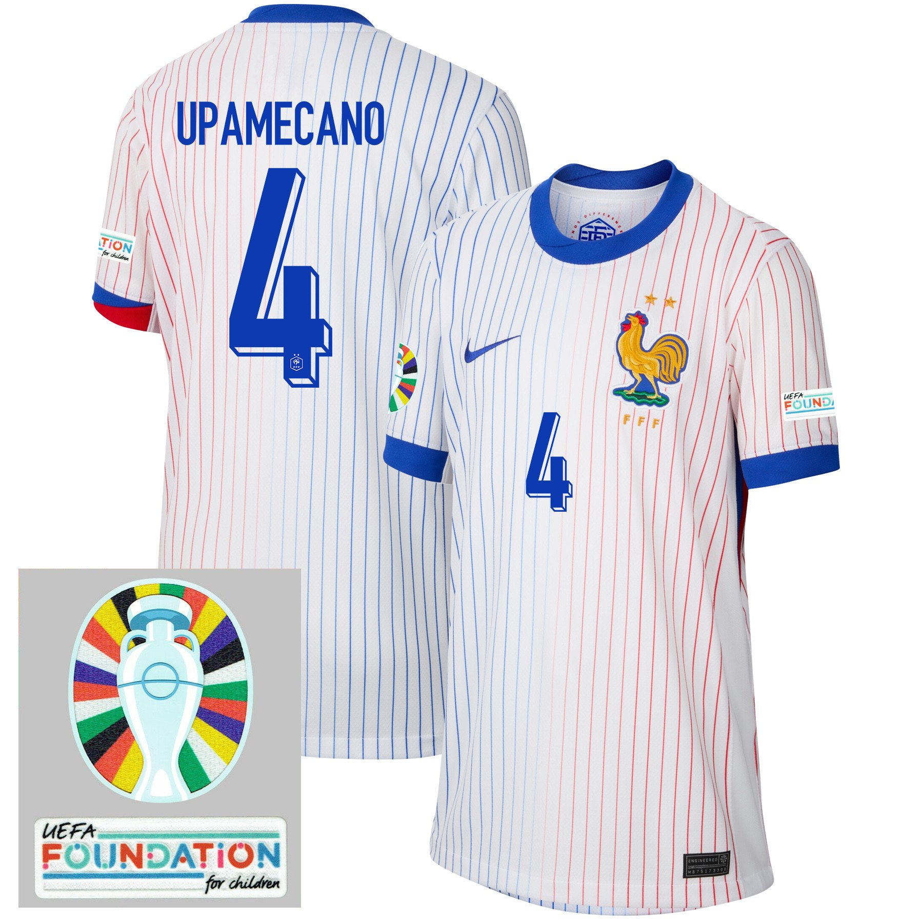 Dayot Upamecano 4 France National Team 2024/25 YOUTH Away Jersey - Euro UEFA Patch - White