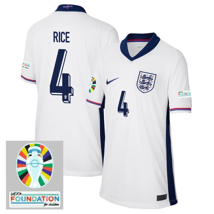Declan Rice 4 England National Team 2024/25 YOUTH Home Jersey - Euro UEFA Patch - White