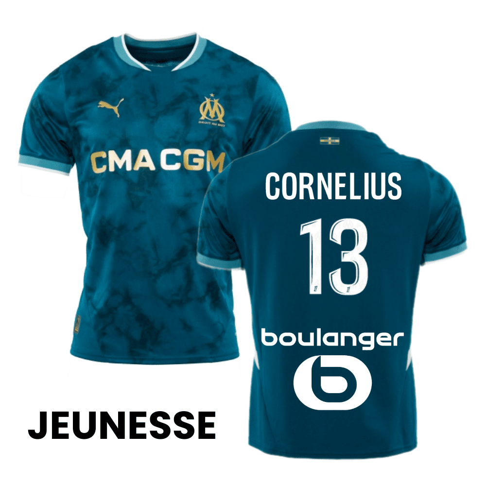Derek Cornelius 13 Olympique de Marseille 2024/25 Away YOUTH Jersey - Turquoise Blue