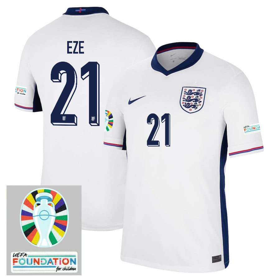 Eberechi Eze 21 England National Team 2024/25 Home Jersey - Euro UEFA Patch - Men, White