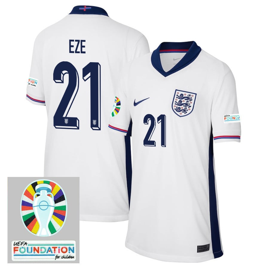 Eberechi Eze 21 England National Team 2024/25 YOUTH Home Jersey - Euro UEFA Patch - White