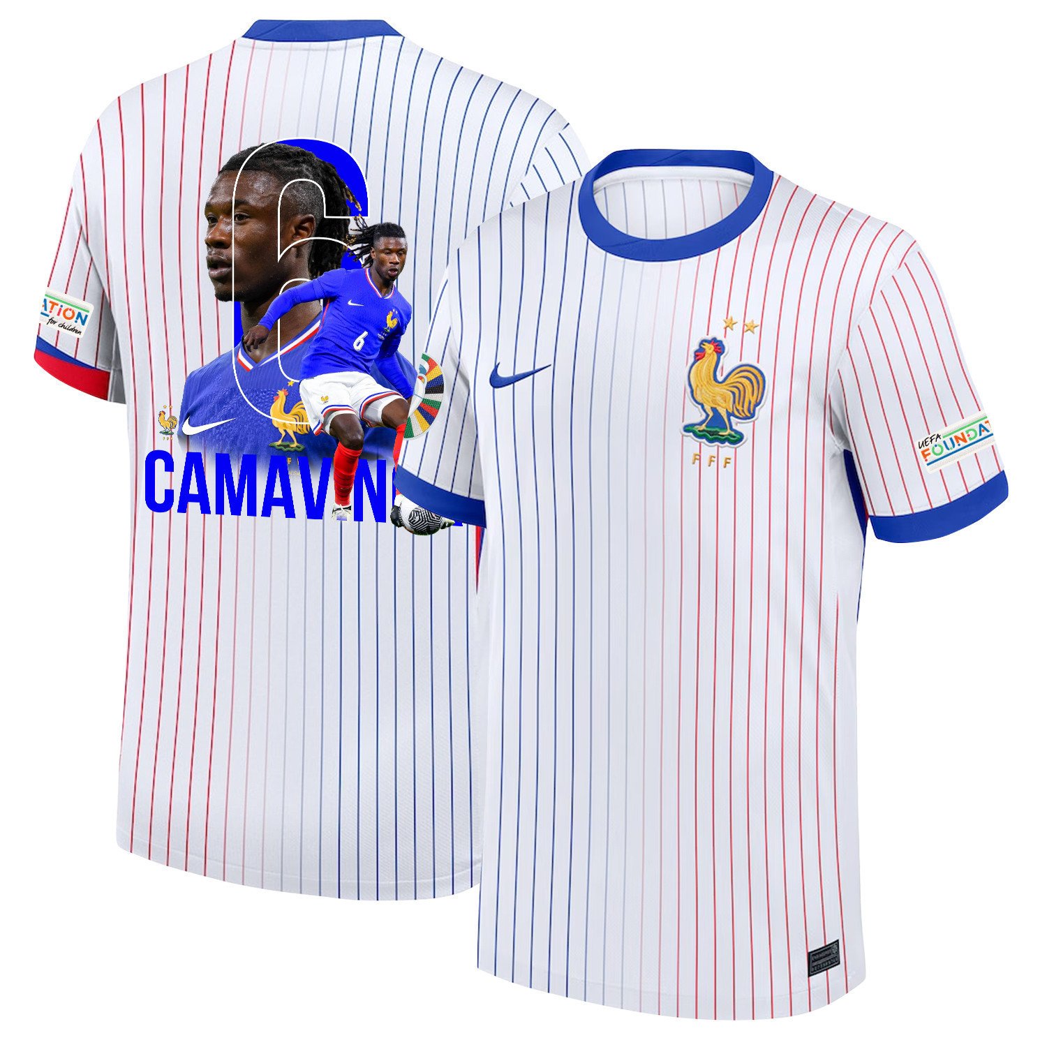 Eduardo Camavinga 6 The Key Player France National Team 2024/25 Away Jersey - Euro UEFA Patch - Men, White
