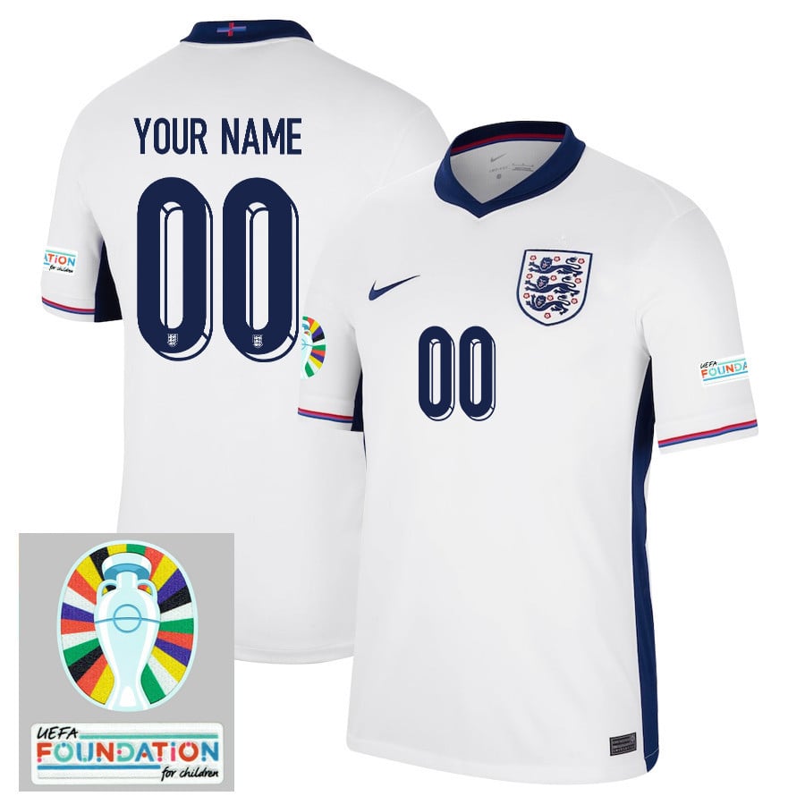 England National Team 2024/25 Home Jersey Customized - Euro UEFA Patch - Men, White