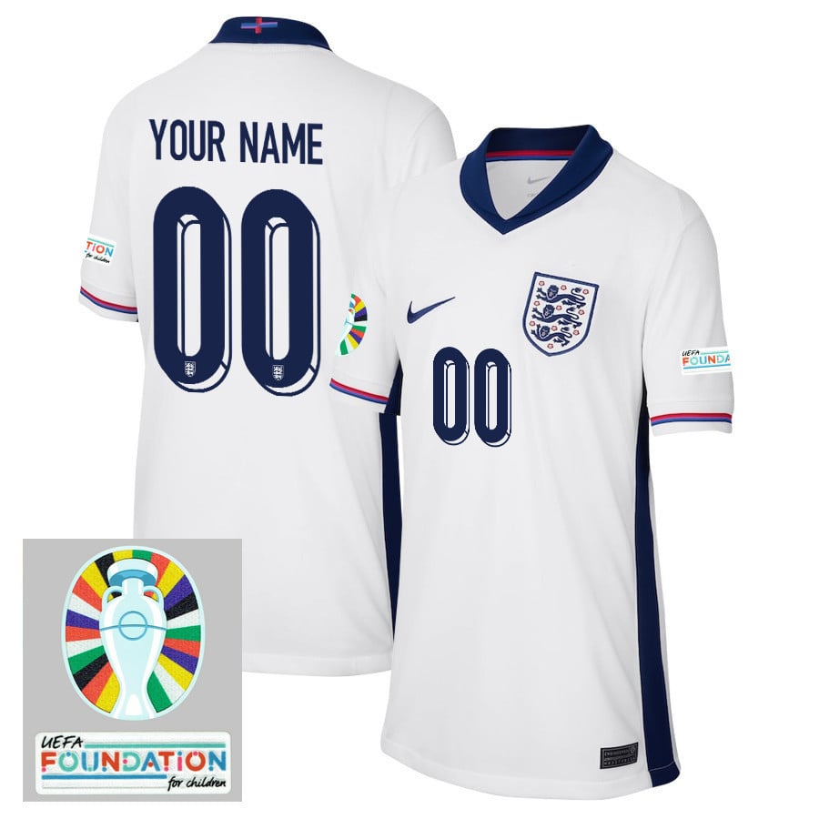 England National Team 2024/25 YOUTH Home Jersey Customized - Euro UEFA Patch - White