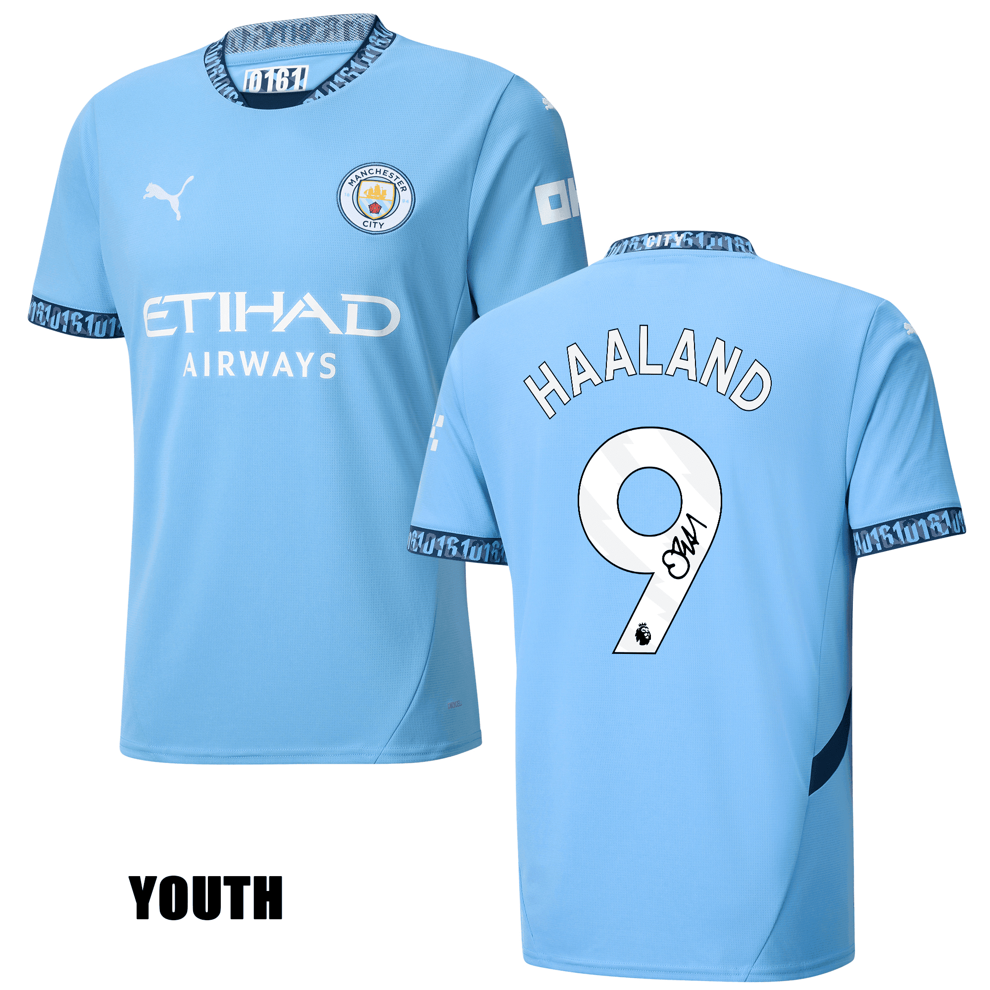 Erling Haaland 9 Signed Manchester City 2024/25 YOUTH Home Jersey Autographed - Light Blue