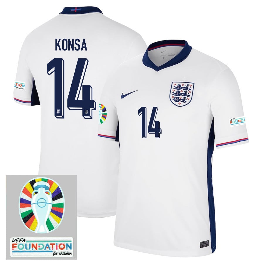 Ezri Konsa 14 England National Team 2024/25 Home Jersey - Euro UEFA Patch - Men, White