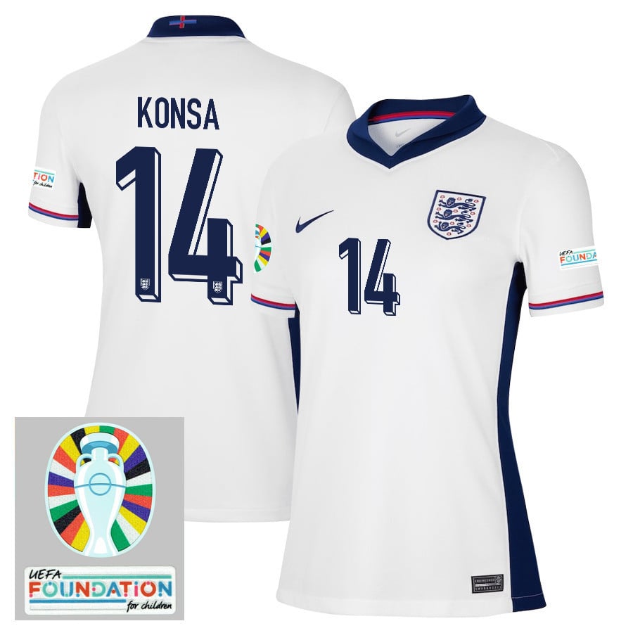 Ezri Konsa 14 England National Team 2024/25 Women's Home Jersey - Euro UEFA Patch - White