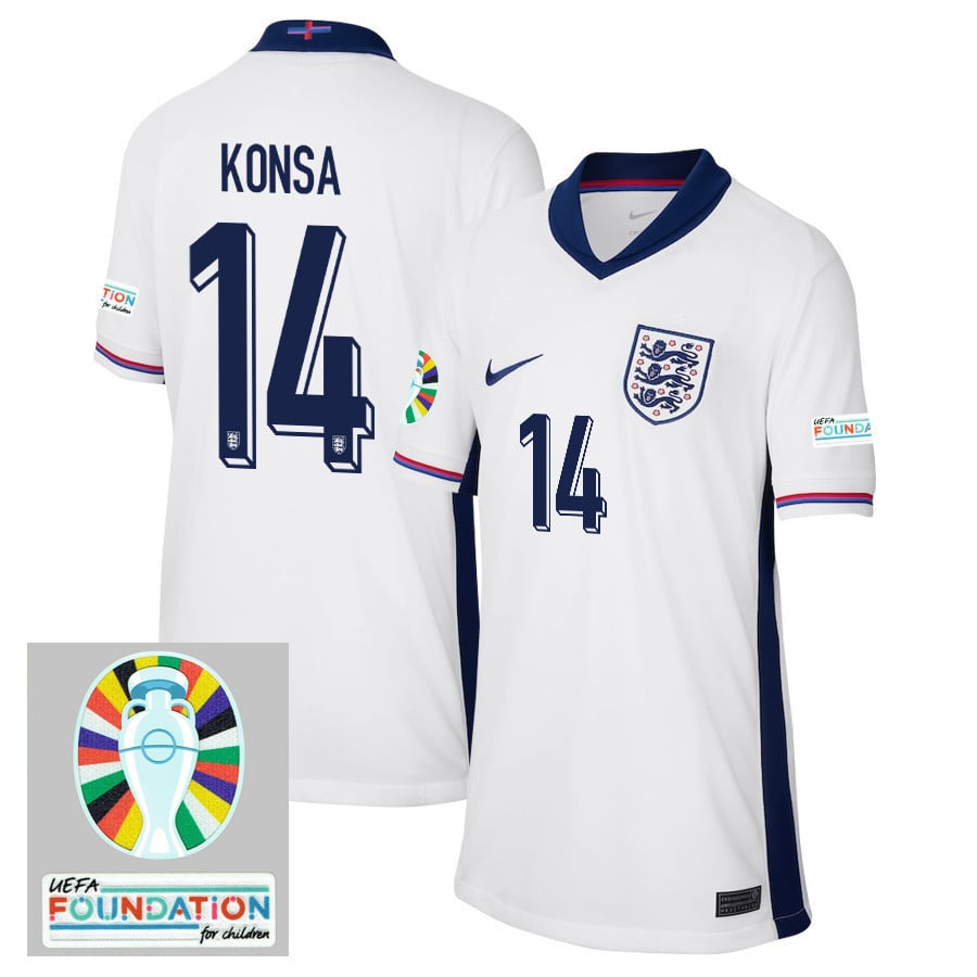 Ezri Konsa 14 England National Team 2024/25 YOUTH Home Jersey - Euro UEFA Patch - White