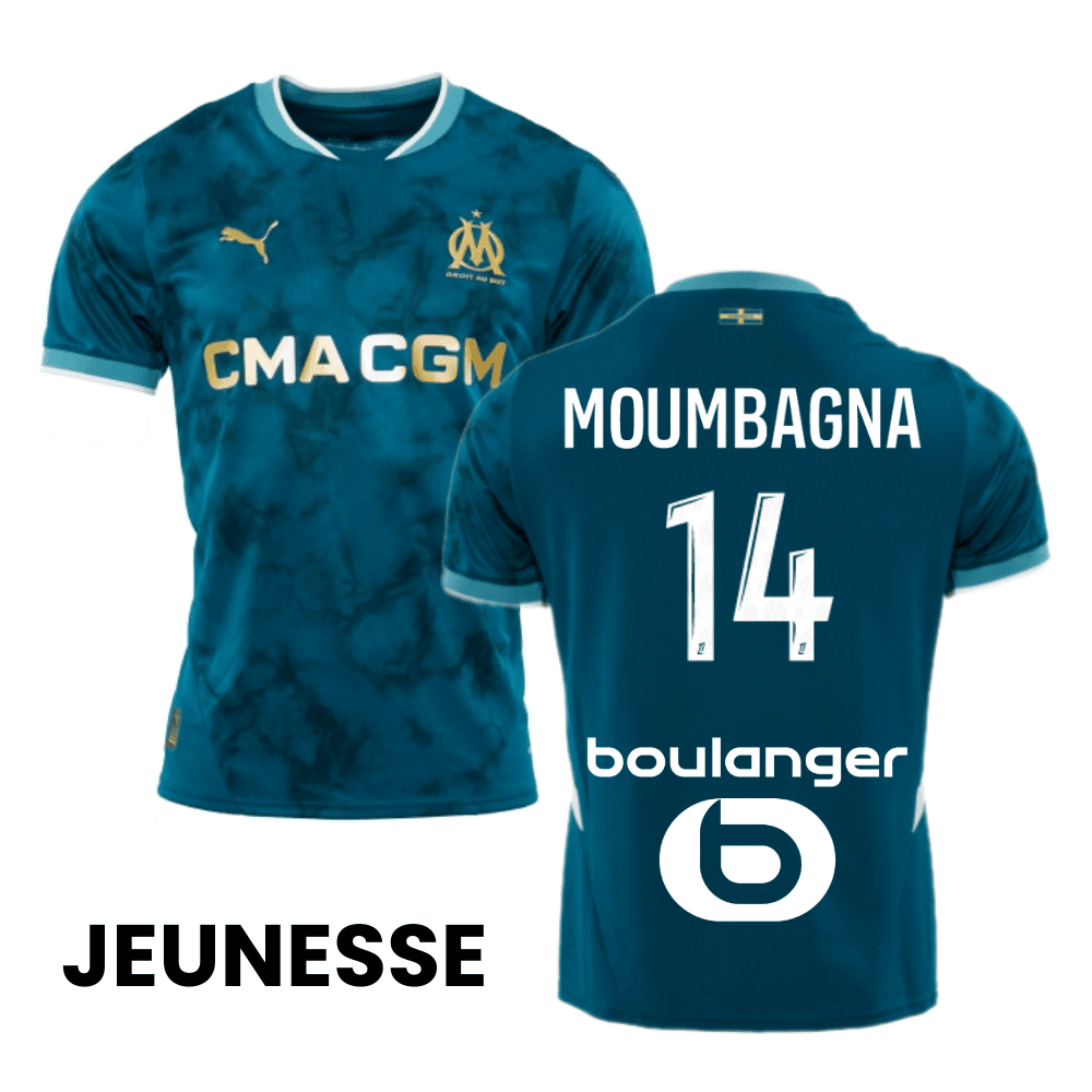 Faris Moumbagna 14 Olympique de Marseille 2024/25 Away YOUTH Jersey - Turquoise Blue