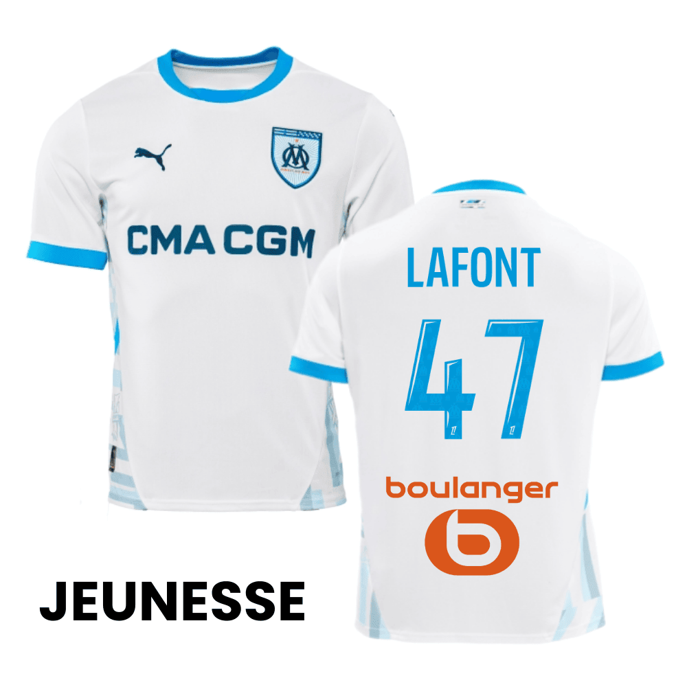 Gaël Lafont 47 Olympique de Marseille 2024/25 Home YOUTH Jersey - White