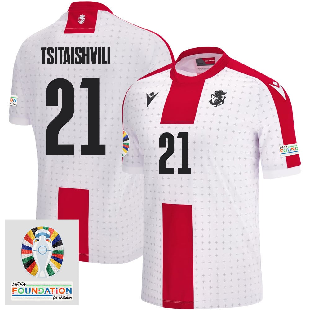 Giorgi Tsitaishvili 21 Georgia National Team 2024 Euro & Foundation Patch Home Men Jersey - White