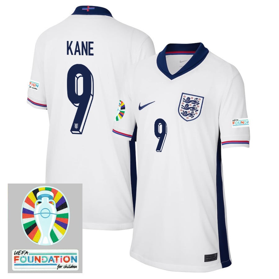 Harry Kane 9 England National Team 2024/25 YOUTH Home Jersey - Euro UEFA Patch - White