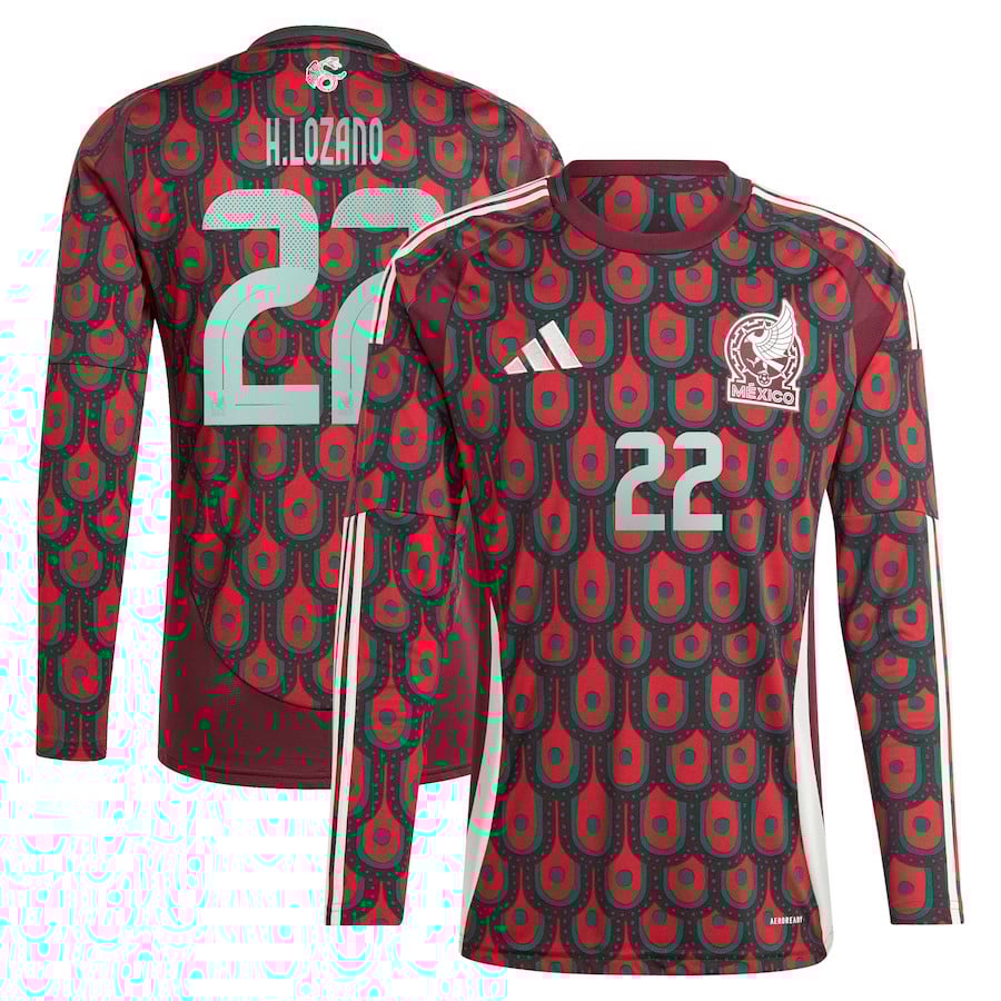 Hirving Lozano 22 Mexico National Team 2024 Home Long Sleeve Men Jersey - Burgundy