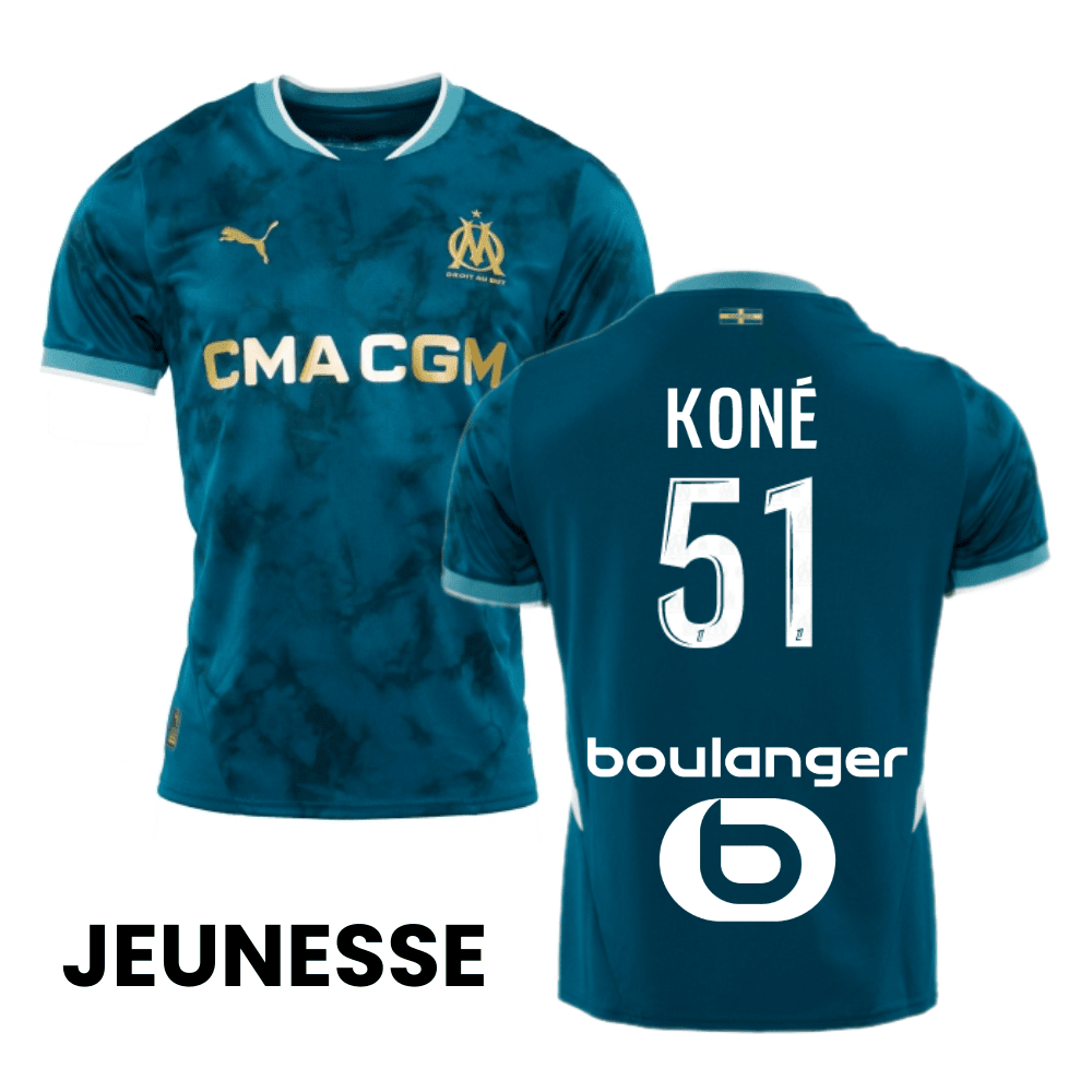 Ismaël Koné 51 Olympique de Marseille 2024/25 Away YOUTH Jersey - Turquoise Blue