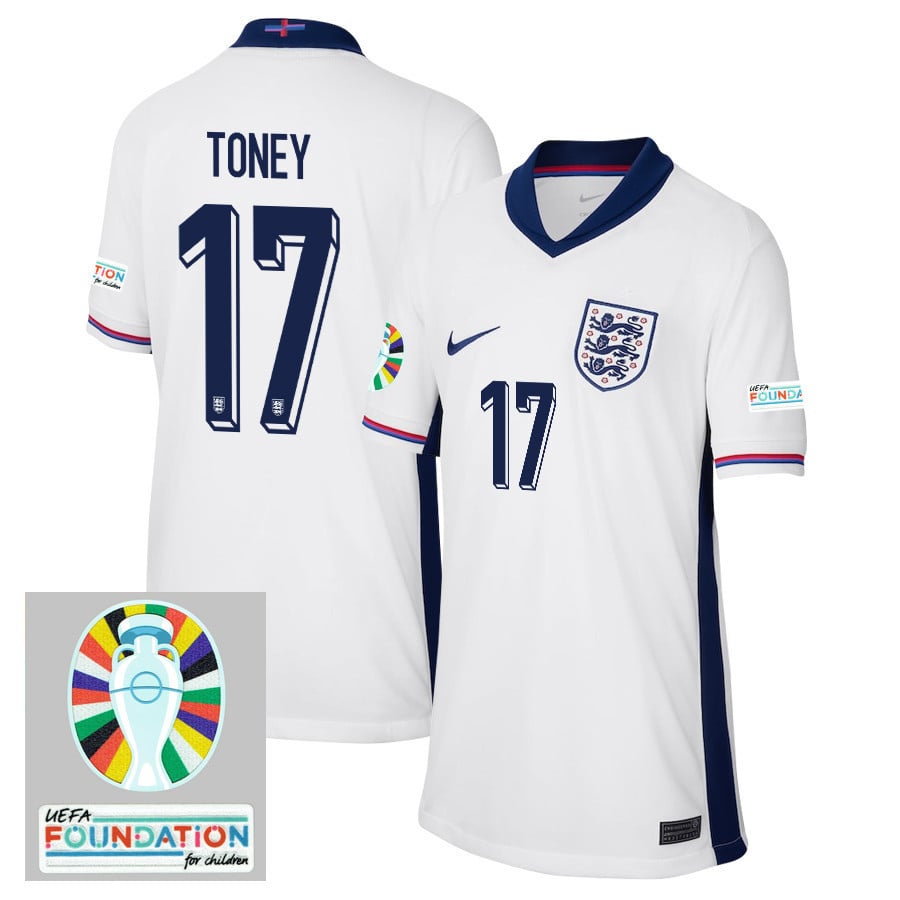 Ivan Toney 17 England National Team 2024/25 YOUTH Home Jersey - Euro UEFA Patch - White