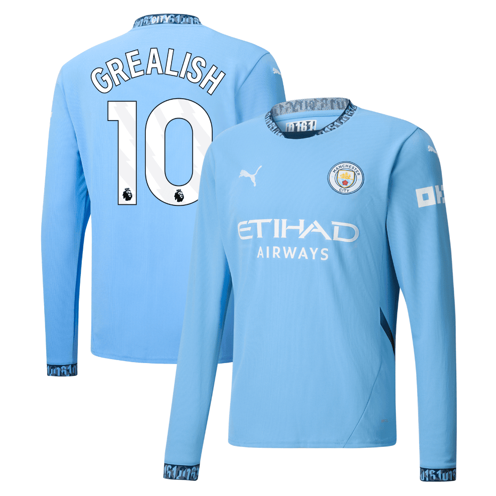 Jack Grealish 10 Manchester City 2024/25 Home Long Sleeve Men Jersey - Light Blue