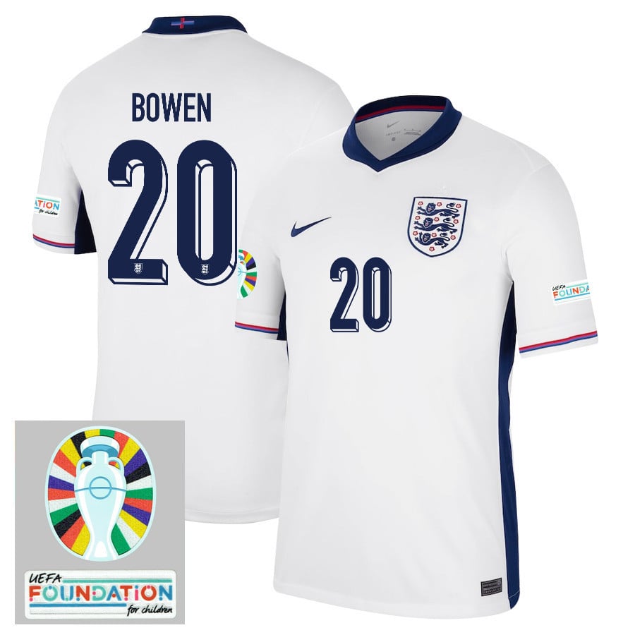 Jarrod Bowen 20 England National Team 2024/25 Home Jersey - Euro UEFA Patch - Men, White