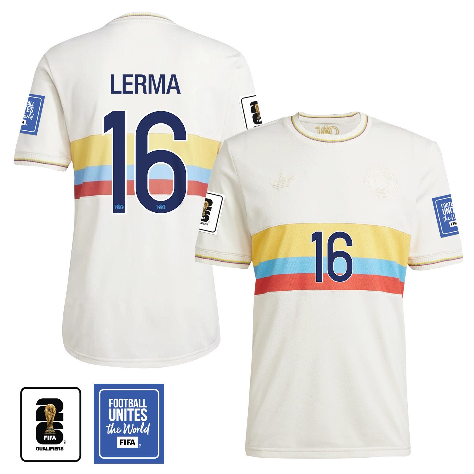 Jefferson Lerma 16 Colombia 2024 100th Anniversary Jersey & 2026 FIFA World Cup Qualifiers Patch - Men, Chalk White