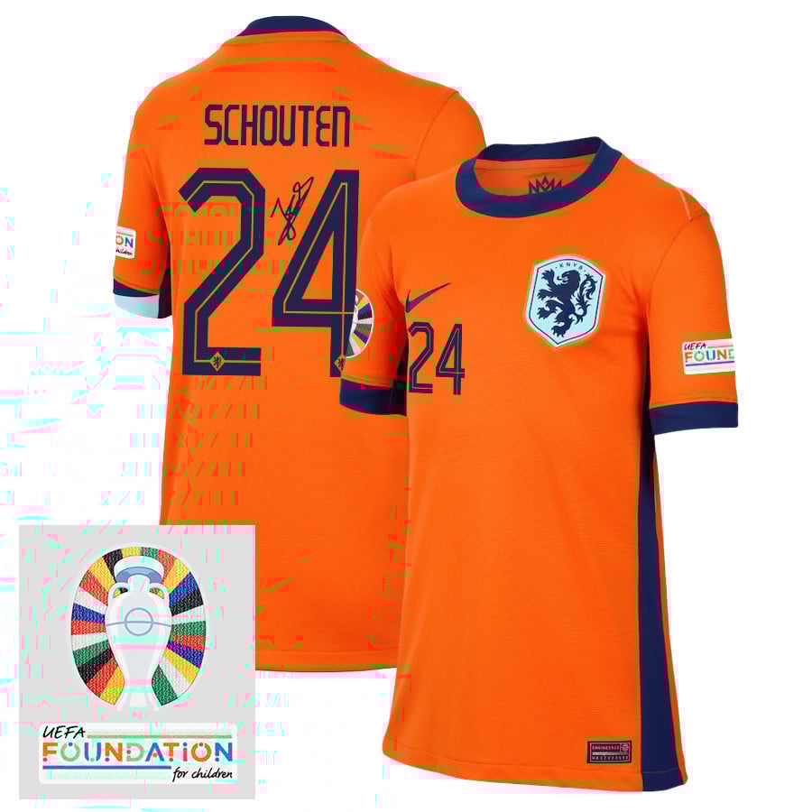 Jerdy Schouten 24 Signed Netherlands National Team 2024 Home YOUTH Jersey Autographed - Orange