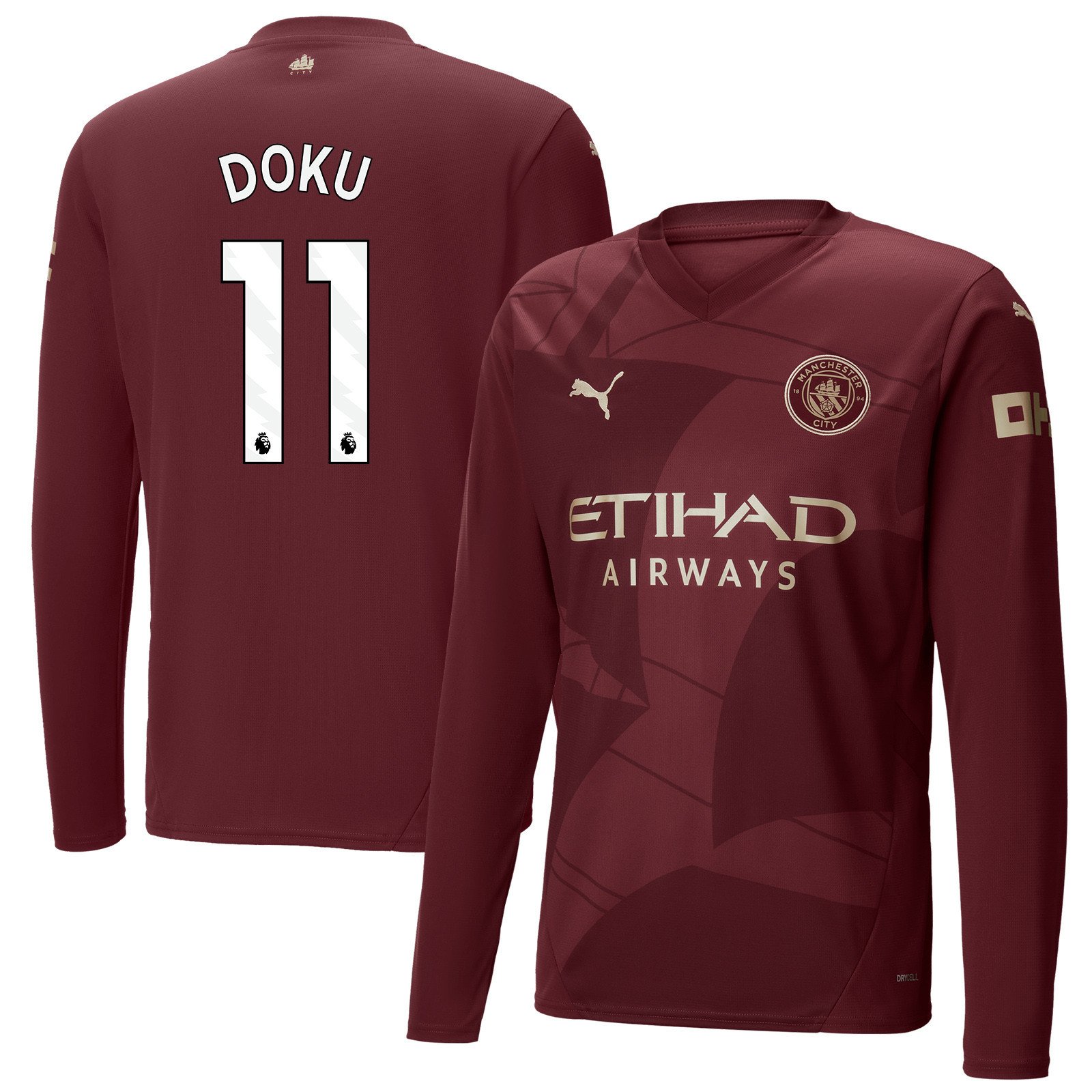 Jeremy Doku 11 Manchester City 2024/25 Third Long Sleeve Men Jersey - Burgundy