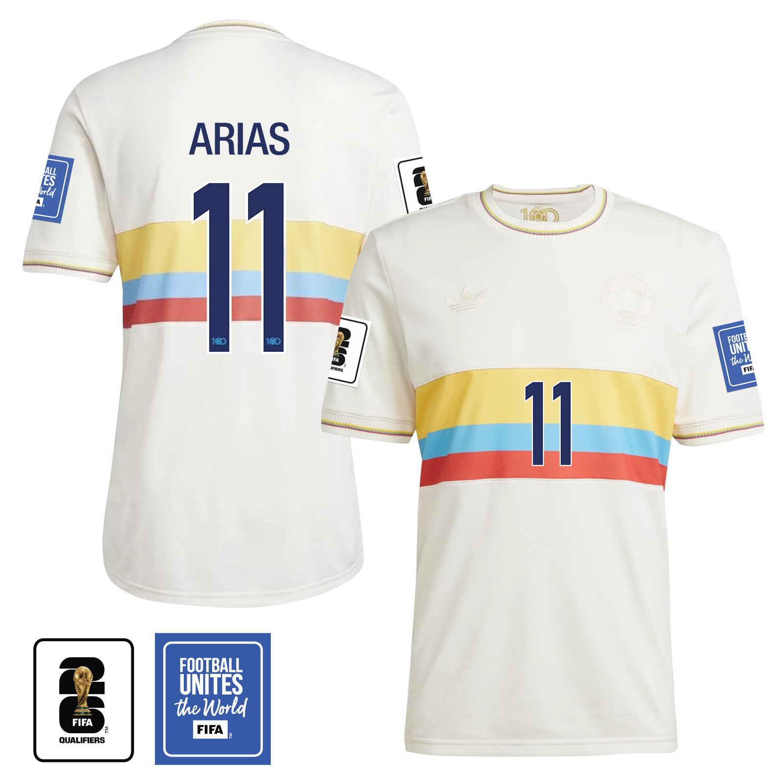 Jhon Arias 11 Colombia 2024 100th Anniversary Jersey & 2026 FIFA World Cup Qualifiers Patch - Men, Chalk White