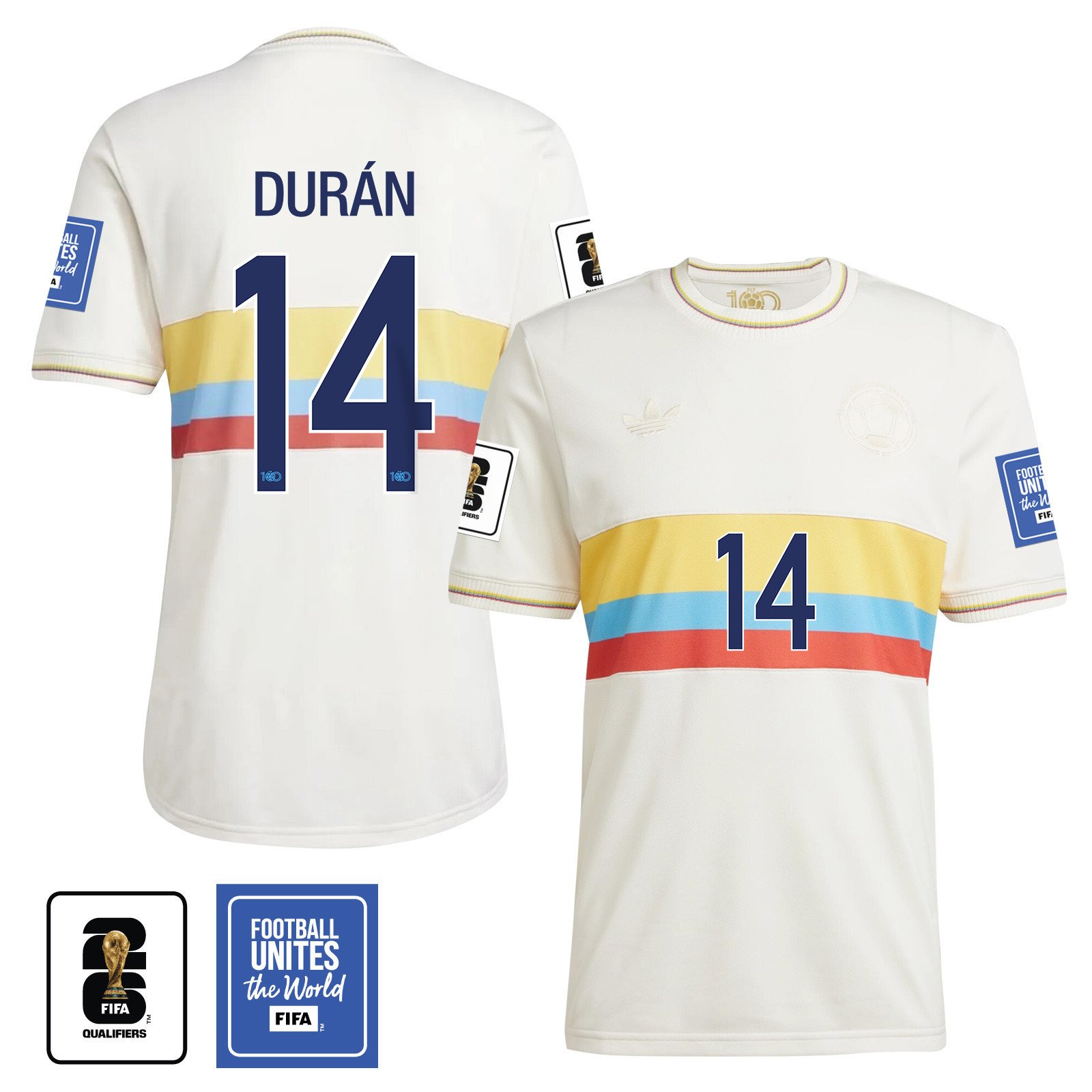 Jhon Durán 14 Colombia 2024 100th Anniversary Jersey & 2026 FIFA World Cup Qualifiers Patch - Men, Chalk White