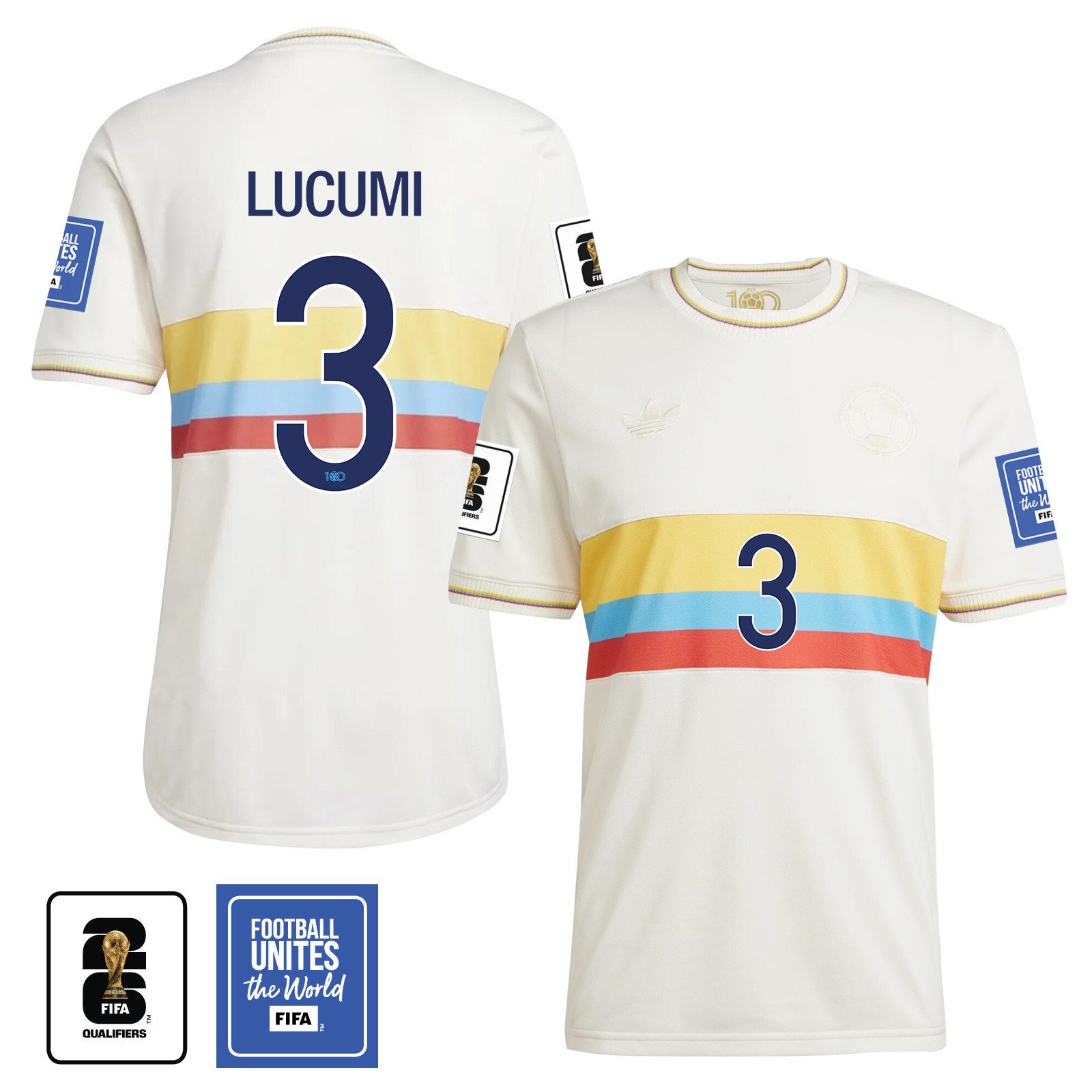 Jhon Lucumi 3 Colombia 2024 100th Anniversary Jersey & 2026 FIFA World Cup Qualifiers Patch - Men, Chalk White
